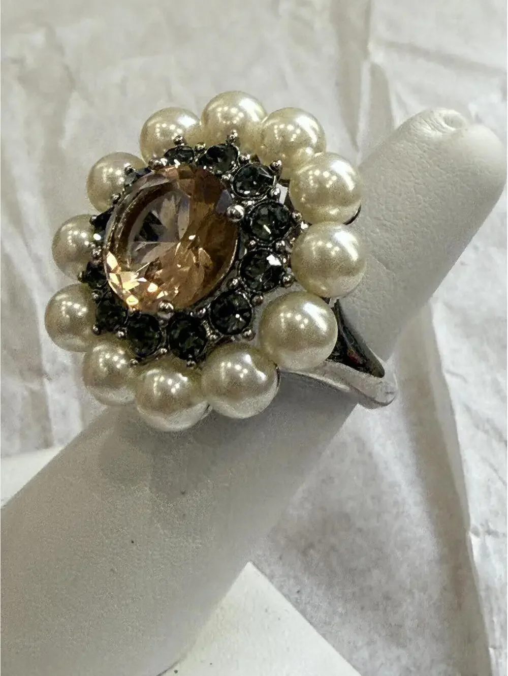 Elegant Pearl and Smoky Crystal Cocktail Ring Size 8.25